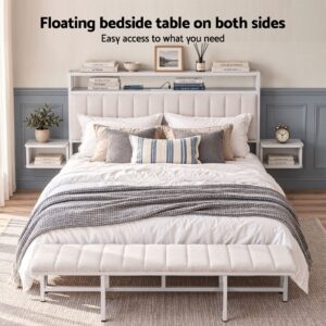 White Floating Bedside Table With Shelf, Storage, And Charging Ports, Perfect For Bedroom Organization.
