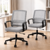 Two grey mesh office chairs with black arms and wheeled bases, for home or professional workspaces.