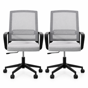 Pair Of Light Grey Mesh Back Office Chairs With Black Arms, Padded Seats, And Wheeled Bases For Desk Use.
