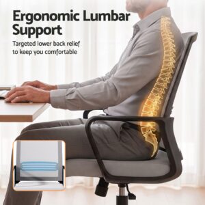Ergonomic Office Chair With Grey Mesh Back And Seat, Black Frame, And Highlighted Lumbar Support For Back Pain Relief.