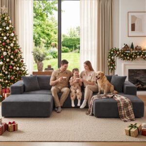 Dark gray corduroy modular sectional sofa with chaise lounge, perfect for family living room comfort.