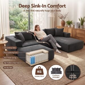 Dark Grey Corduroy Modular Sectional Sofa With Chaise, Pocket Springs, And Plush Foam For Living Room Comfort.