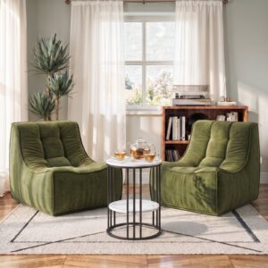 Pair of olive green velvet tufted armless accent chairs for living room relaxation.