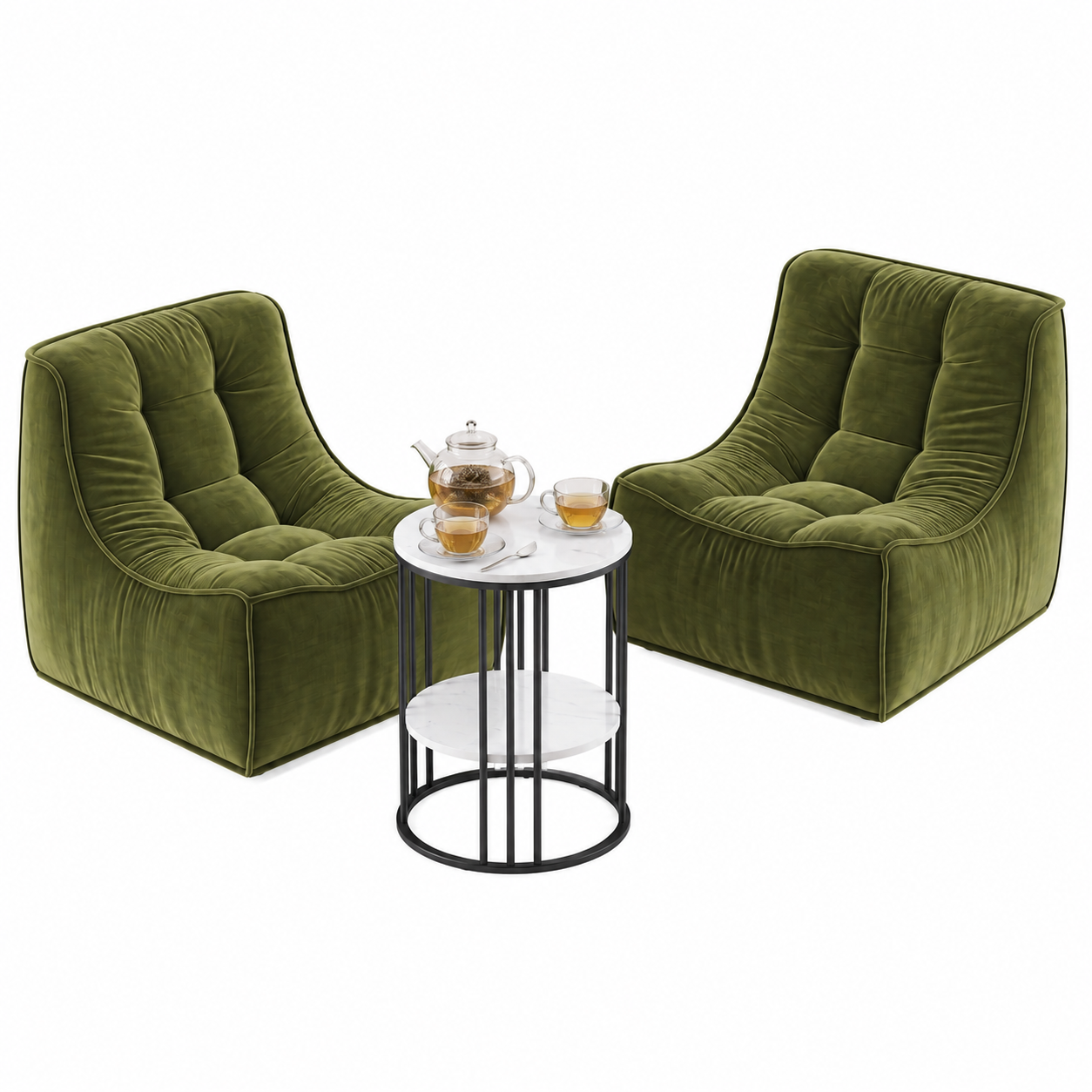 Artiss Green Chenille Sofa &Amp; Coffee Table Set – Sumo Deals Pair Of Olive Green Velvet Tufted Lounge Chairs With A Round White Marble And Black Metal Side Table For Living Room.