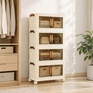 Artiss 4-Tier Foldable Storage Cabinet Stackable Box Clear Magnetic Door White product image