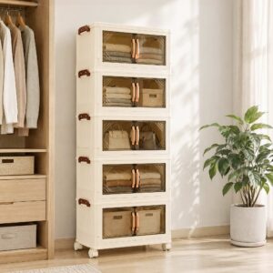 Artiss 5-Tier Foldable Storage Cabinet Stackable Box Clear Magnetic Door White product image