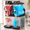 Devanti dual-bowl stainless steel slushie machine with clear tanks, red and blue slush, for commercial use.