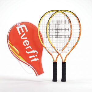 Pair Of Everfit Tennis Rackets With Orange/Yellow Frames, Black Grips, And A Red Everfit Carry Case For Tennis.