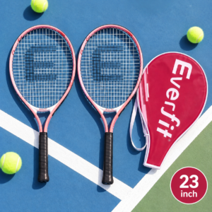 Pair of 23-inch Everfit pink aluminum tennis rackets with black grips and red cover for youth players.
