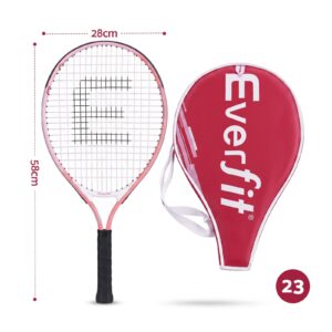 Pink Everfit Tennis Racket With Black Grip, White Strings, And Red Everfit Case For Sports And Training.