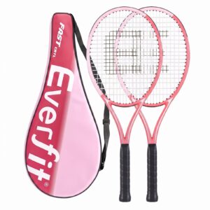 Pair of pink Everfit tennis rackets with black grips and a matching pink Everfit carry bag for tennis players.