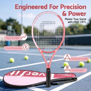 Everfit Tennis Racket Set 2 Pack 27 Inch Pink – Sumo Deals Pink Tennis Racket With Black Grip And White Strings, With A Pink Racket Cover, On A Blue Tennis Court.