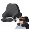 Gray/black fabric travel pillow set with eye mask and earplugs for comfortable car/plane sleep.