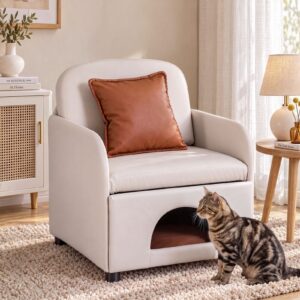 Cream faux leather armchair with a built-in cat cave, featuring a brown cushion, for pet-friendly living rooms.