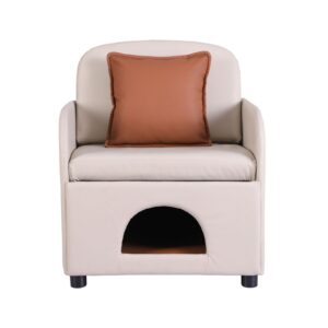 Beige Faux Leather Pet Sofa With Brown Cushion, Built-In Cat Cave, For Small Pets To Rest And Hide.