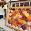 Wooden framed shadow box with colorful natural scallop seashells, home decor artwork.