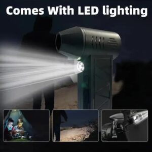 Dark gray handheld air duster with integrated LED light, illuminating for cleaning electronics or outdoor use.