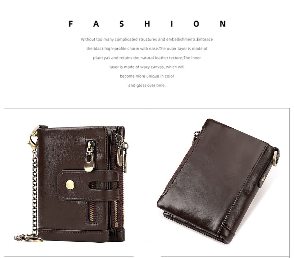 Black Leather Rfid Trifold Wallet - High Capacity – Sumo Deals Dark Brown Genuine Leather Men'S Wallet With Multiple Zippers, Snap Closure, And Metal Chain For Secure Everyday Use.