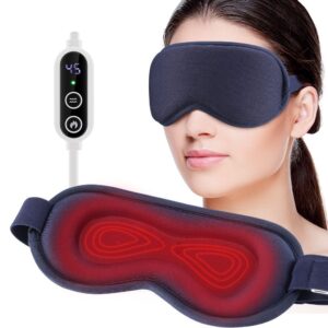 Navy blue fabric heated eye mask with controller, for dry eyes, sleep, and relaxation.