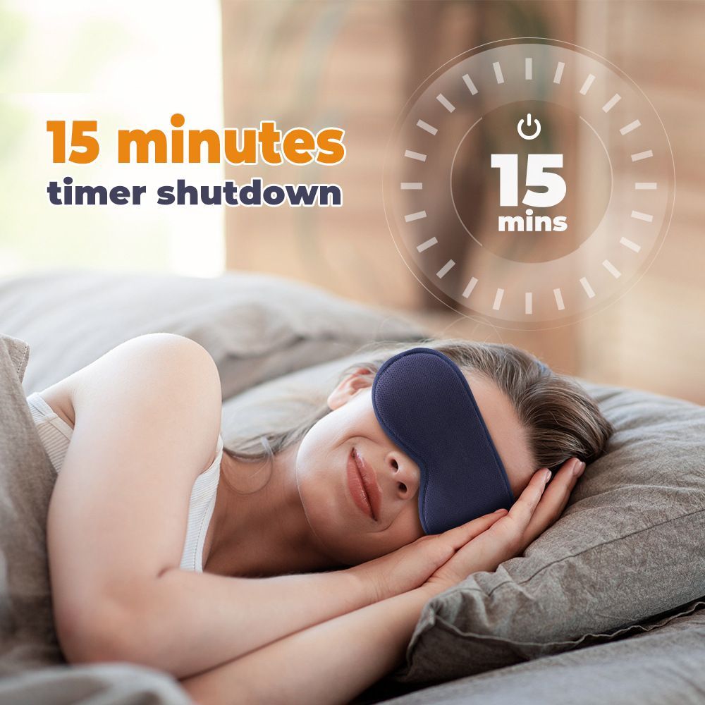 Dark Blue 3D Heated Eye Massager | Digital Display – Sumo Deals Navy Blue Contoured Sleep Mask With Soft Fabric, Worn By A Woman Sleeping, For Light Blocking And Relaxation.