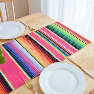 Mexican Serape Table Runner, vibrant multi-color striped cotton fabric, festive dining decor.