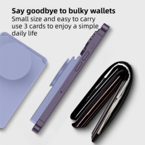Magnetic Card Wallet &Amp; Stand For Iphone 14/13/12 (2-Pack) – Sumo Deals Purple Silicone Phone Card Holder With Pop Socket, Attached To A Purple Phone, Next To A Black Leather Wallet.