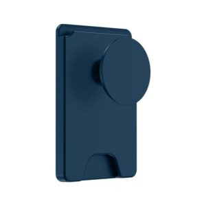 Navy blue plastic phone wallet with integrated PopSockets grip for secure holding and card storage.