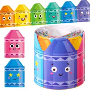 Colorful paper crayon border trim with cute faces, ideal for classroom decoration or bulletin boards.