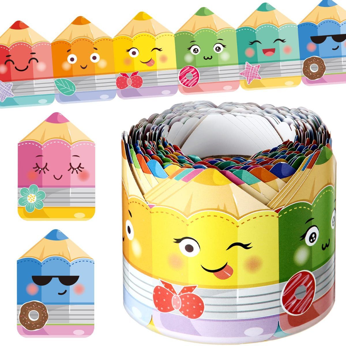 Cute Faces Crayon Trim Bulletin Board Borders 65.6Ft – Sumo Deals Colorful Paper Pencil-Shaped Party Hats With Cartoon Faces, For Kids' Birthdays And School Events.