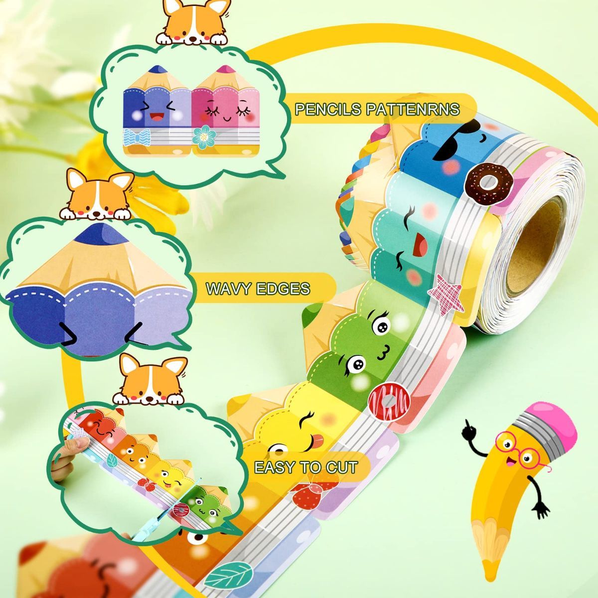 Cute Faces Crayon Trim Bulletin Board Borders 65.6Ft – Sumo Deals Colorful Cartoon Pencil-Shaped Paper Border Trim With Wavy Edges, Easy To Cut, For Classroom Decoration.