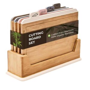 Bamboo cutting board set with colored tabbed index, natural wood finish, for organized kitchen food prep.