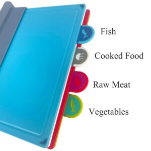 4-Piece Plastic Cutting Board Set With Color-Coded Tabs For Fish, Cooked Food, Raw Meat, And Vegetables.