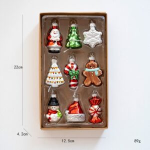 9-piece colorful glass Christmas ornaments set: Santa, trees, snowman, gingerbread, candy, hat, snowflake for tree decor