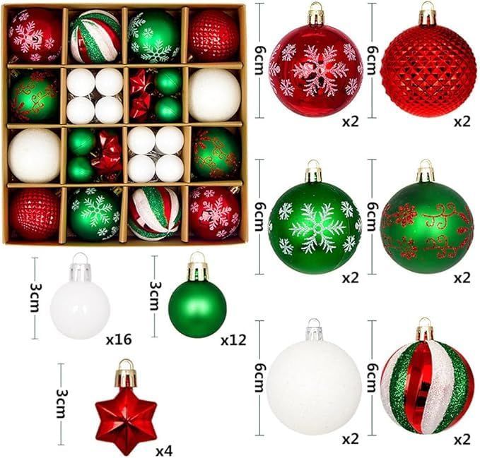 44-Piece Christmas Tree Ornaments Set - Multi – Sumo Deals Red, Green, White Plastic Christmas Ornament Set: 6Cm Round, Textured, Striped, Snowflake, Plain Designs For Tree Decor.