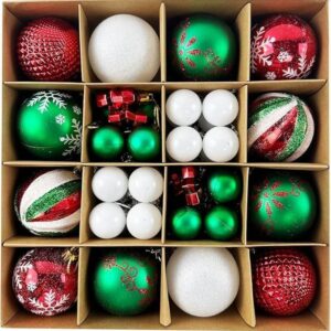 44-Piece Christmas Tree Ornaments Set - Multi – Sumo Deals Assorted Red, Green, And White Plastic Christmas Ornaments With Various Textures And Patterns, For Holiday Decoration.