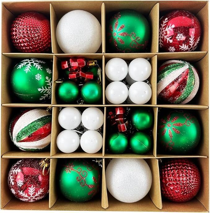 44-Piece Christmas Tree Ornaments Set - Multi – Sumo Deals Assorted Red, Green, And White Plastic Christmas Ornaments With Various Textures And Patterns, For Holiday Decoration.