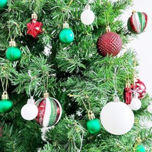 44-Piece Christmas Tree Ornaments Set - Multi – Sumo Deals Assorted Plastic Christmas Ornaments: Red Star, Green, White, And Striped Baubles On A Green Artificial Tree.