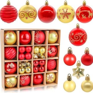44-Piece Christmas Tree Ornaments Set - Multi – Sumo Deals Red &Amp; Gold Plastic Christmas Ornament Set With Various Textures, Patterns, And Sizes For Tree Decoration.