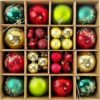 Assorted plastic Christmas ornaments in red, gold, green, and lime green, with glitter and matte finishes, for tree deco