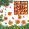 Orange Christmas ornament set: various sizes, matte, glitter, shiny, and carved plastic baubles for tree decoration.