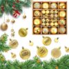Gold plastic Christmas ornaments, various textures & sizes, for tree decoration.