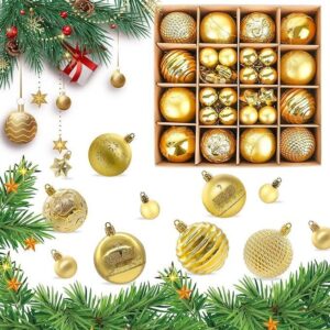 Gold plastic Christmas ornaments, various textures & sizes, for tree decoration.