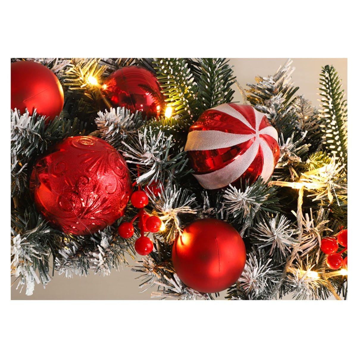 50Cm Christmas Garland: Red Pine With Berries &Amp; Balls – Sumo Deals Flocked Artificial Christmas Wreath With Red Plastic Ornaments, Berries, And Warm White Led Lights For Festive Home Deco