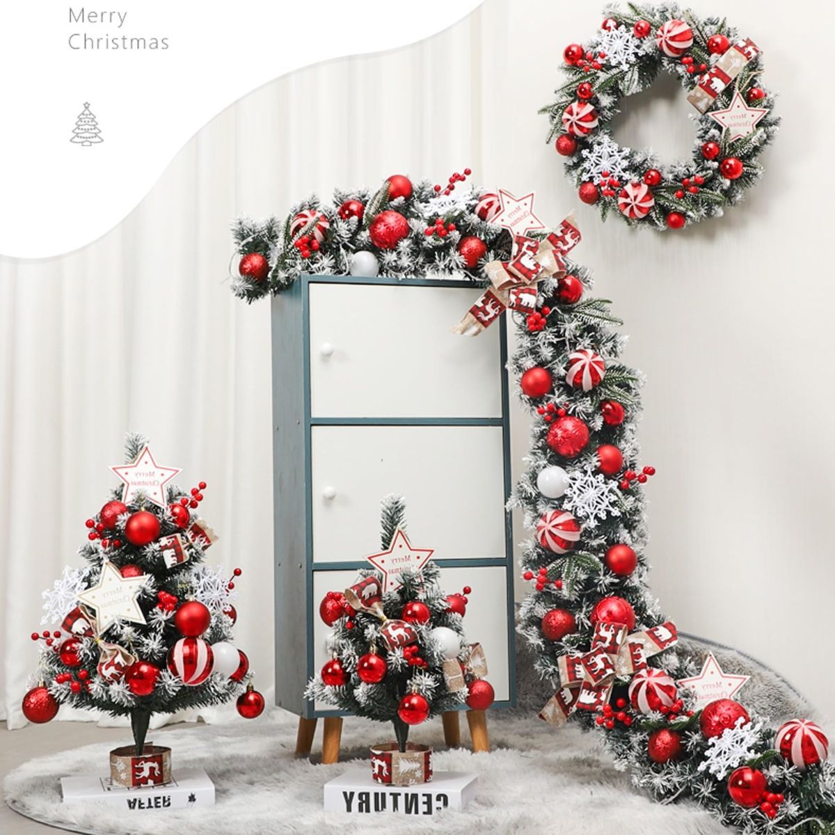 50Cm Christmas Garland: Red Pine With Berries &Amp; Balls – Sumo Deals Flocked Christmas Garland, Wreath, And Mini Trees With Red Ornaments, White Snowflakes, And Bows For Holiday Decor.