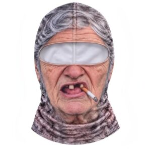 Funny old lady balaclava, polyester, grey/skin tone, with cigarette graphic, for costume or novelty wear.
