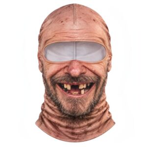 Creepy old man full-face mask, realistic skin texture, beard, missing teeth, white eye slits, polyester, for Halloween.