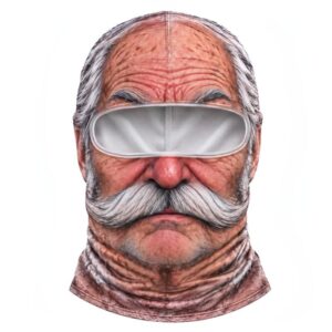 Old man face balaclava, polyester, brown/grey, with white goggles and mustache, for skiing/costume.