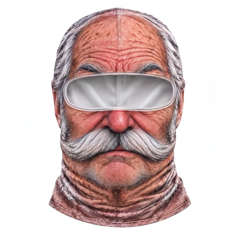 Funny Head Mask | Realistic 3D Printed Full-Face Cover – Sumo Deals Old Man Face Balaclava, Polyester, Brown/Grey, With White Goggles And Mustache, For Skiing/Costume.
