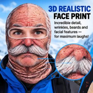 Funny Head Mask | Realistic 3D Printed Full-Face Cover – Sumo Deals 3D Realistic Old Man Face Print Balaclava, Skin-Toned With White Mustache/Beard, For Novelty/Costume Use.