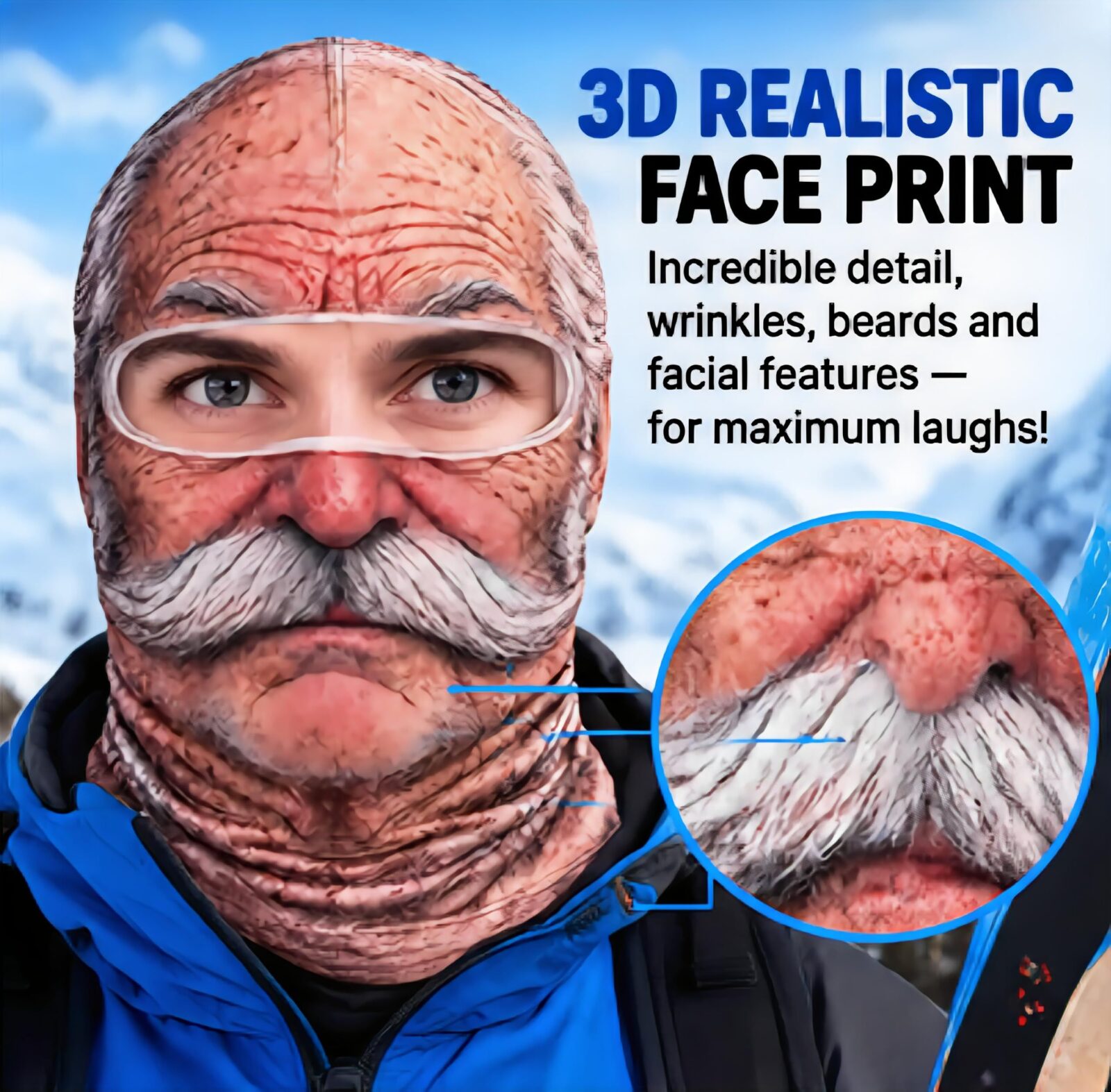 Funny Head Mask | Realistic 3D Printed Full-Face Cover – Sumo Deals 3D Realistic Old Man Face Print Balaclava, Skin-Toned With White Mustache/Beard, For Novelty/Costume Use.